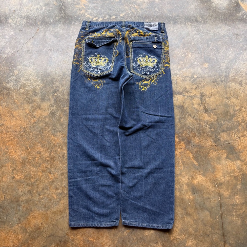 Old Skool Baggy Jeans Mens 36 Blue Embroidered Crown Y2K Wide Leg Streetwear
